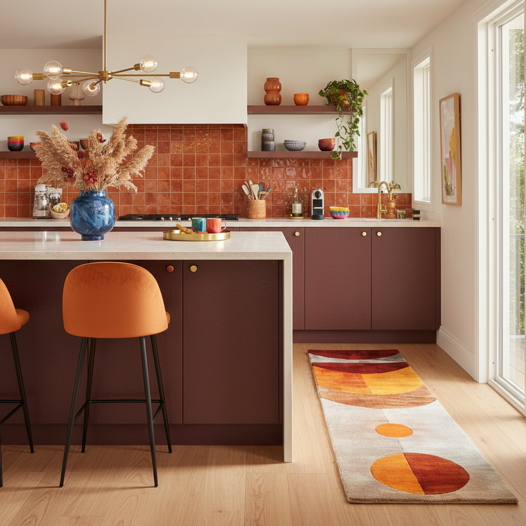 Solar Eclipse runner in a warm terracotta kitchen, overlapping orange and red circle motifs