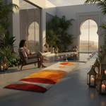 Solar Eclipse runner in a serene courtyard by a pool, glowing arcs of orange, amber and red