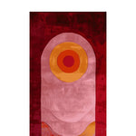 Top view of the Solar Flame Waves Hand Tufted Runner Rug featuring a vibrant abstract design with concentric circles in shades of red, orange, and pink. This contemporary rug is perfect as a hallway runner rug, kitchen runner rug, or bathroom runner rug, crafted from high-quality wool.