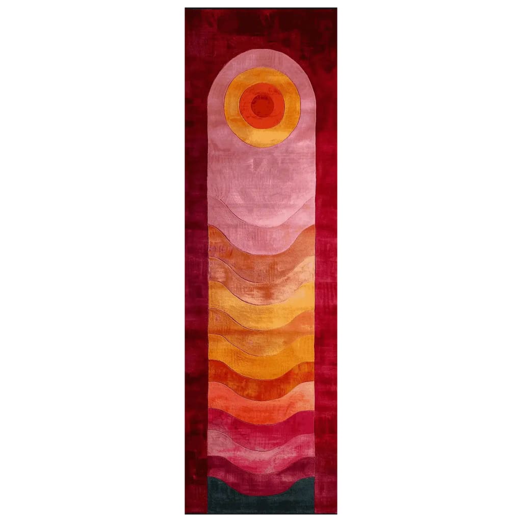 The Solar Flame Waves Hand Tufted Runner Rug features a vibrant and contemporary design, perfect as a hallway runner rug or kitchen runner rug. The wool rug displays a stunning pattern with a gradient of warm colors, ideal for adding a touch of modern style to any space, including kitchens and bathrooms.