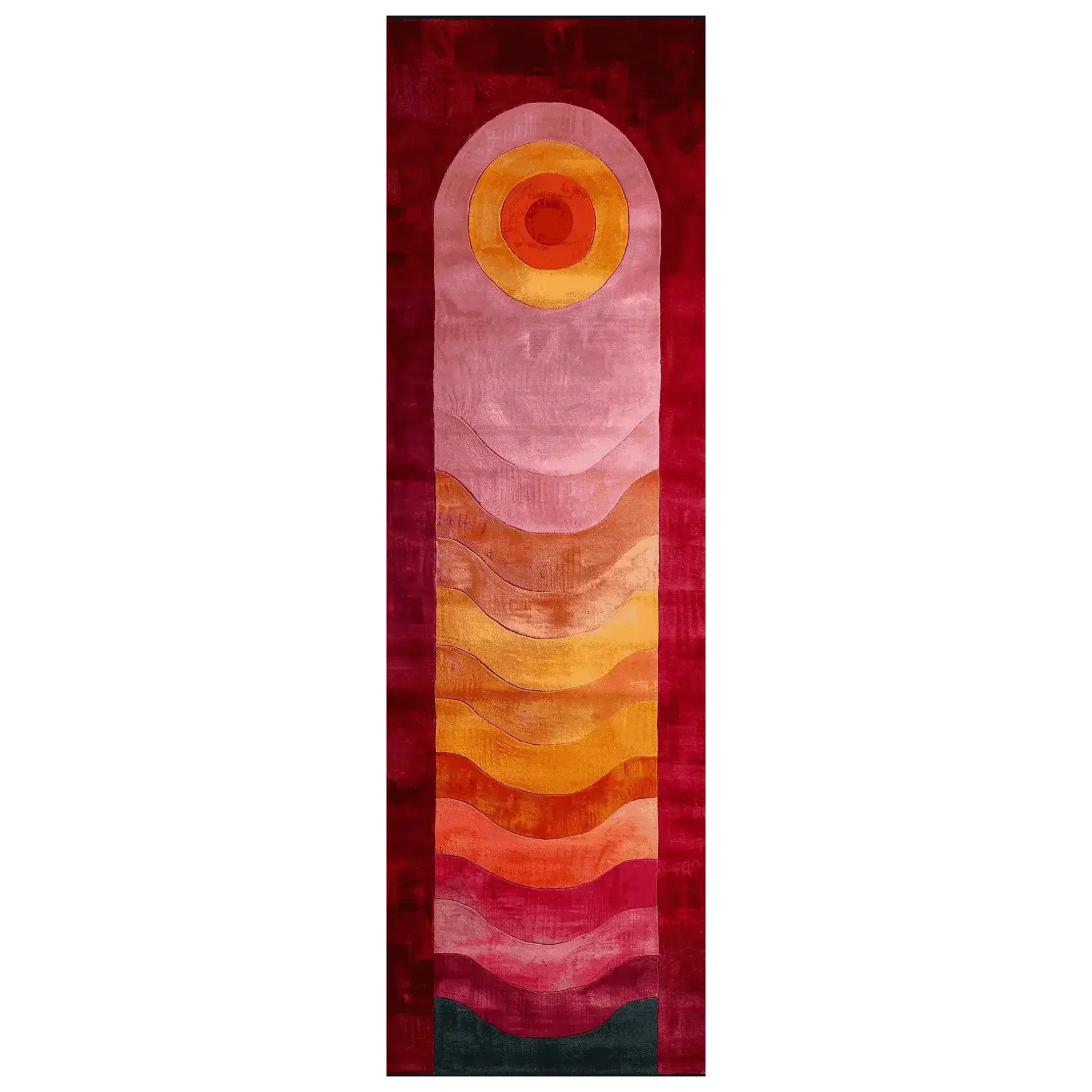 The Solar Flame Waves Hand Tufted Runner Rug features a vibrant and contemporary design, perfect as a hallway runner rug or kitchen runner rug. The wool rug displays a stunning pattern with a gradient of warm colors, ideal for adding a touch of modern style to any space, including kitchens and bathrooms.