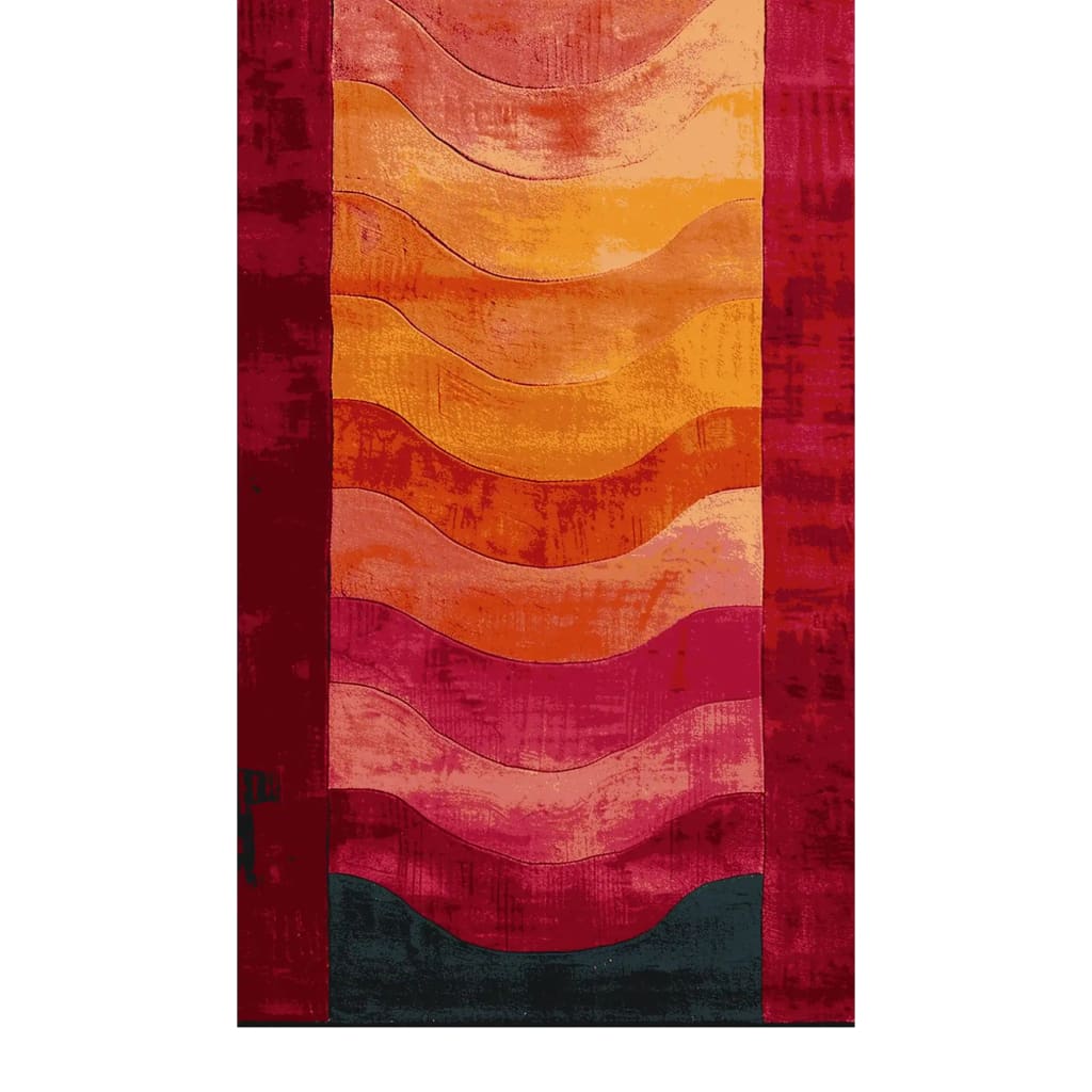 Top view of the Solar Flame Waves Hand Tufted Runner Rug, featuring a vibrant display of red, orange, and pink wavy patterns. This contemporary wool rug is perfect for adding a splash of color to kitchens, hallways, or bathrooms. Ideal as a hallway runner rug or kitchen runner rug, its design brings a modern aesthetic to any space.