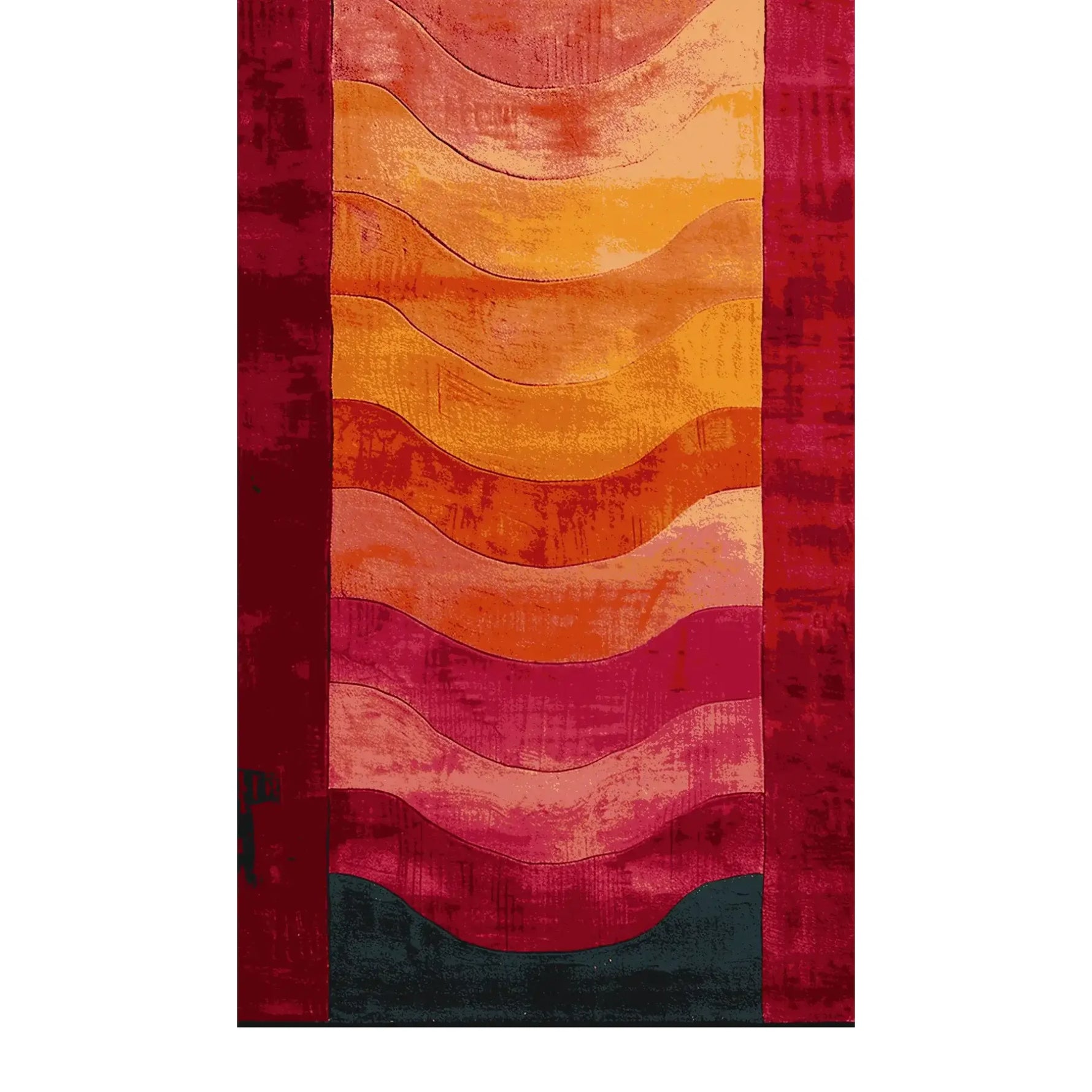 Top view of the Solar Flame Waves Hand Tufted Runner Rug, featuring a vibrant display of red, orange, and pink wavy patterns. This contemporary wool rug is perfect for adding a splash of color to kitchens, hallways, or bathrooms. Ideal as a hallway runner rug or kitchen runner rug, its design brings a modern aesthetic to any space.