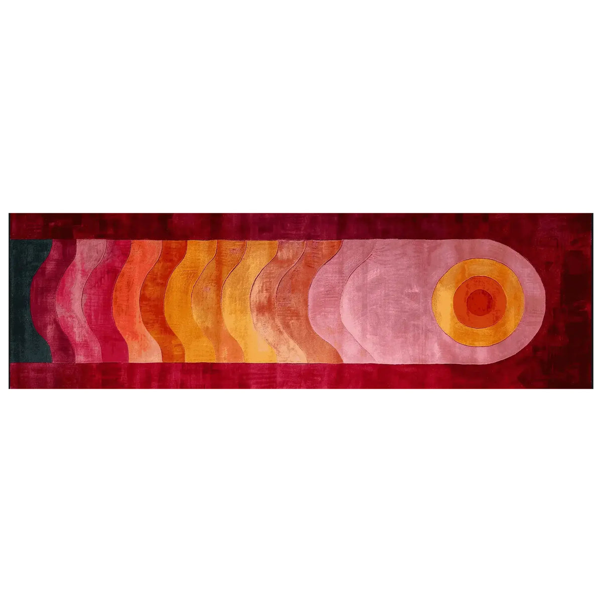 A vibrant Solar Flame Waves hand tufted runner rug featuring bold abstract patterns in red, orange, and pink hues. This contemporary wool rug is perfect for adding a touch of color to kitchens, hallways, or bathrooms, serving as an ideal kitchen runner rug or hallway runner rug.