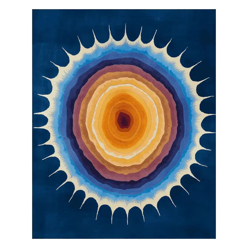 Top view of the Solar Flare Bloom Hand Tufted Area Rug, showcasing its vibrant, abstract sunburst design in rich shades of blue, orange, and yellow, perfect as a contemporary wool rug for living rooms. Ideal for those seeking 8x10 area rugs for living room decor.