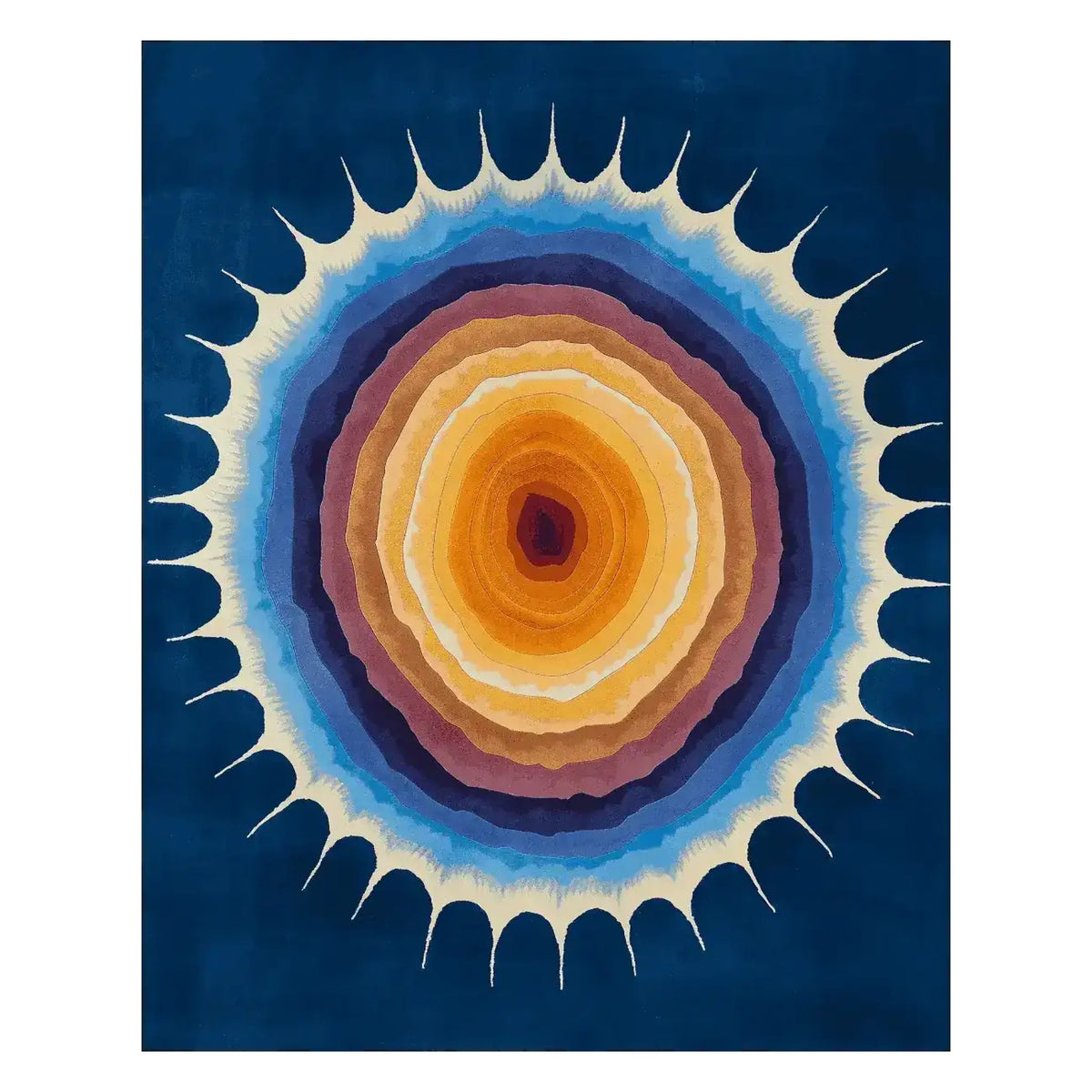 Top view of the Solar Flare Bloom Hand Tufted Area Rug, showcasing its vibrant, abstract sunburst design in rich shades of blue, orange, and yellow, perfect as a contemporary wool rug for living rooms. Ideal for those seeking 8x10 area rugs for living room decor.