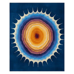 Top view of the Solar Flare Bloom Hand Tufted Area Rug, showcasing its vibrant, abstract sunburst design in rich shades of blue, orange, and yellow, perfect as a contemporary wool rug for living rooms. Ideal for those seeking 8x10 area rugs for living room decor.