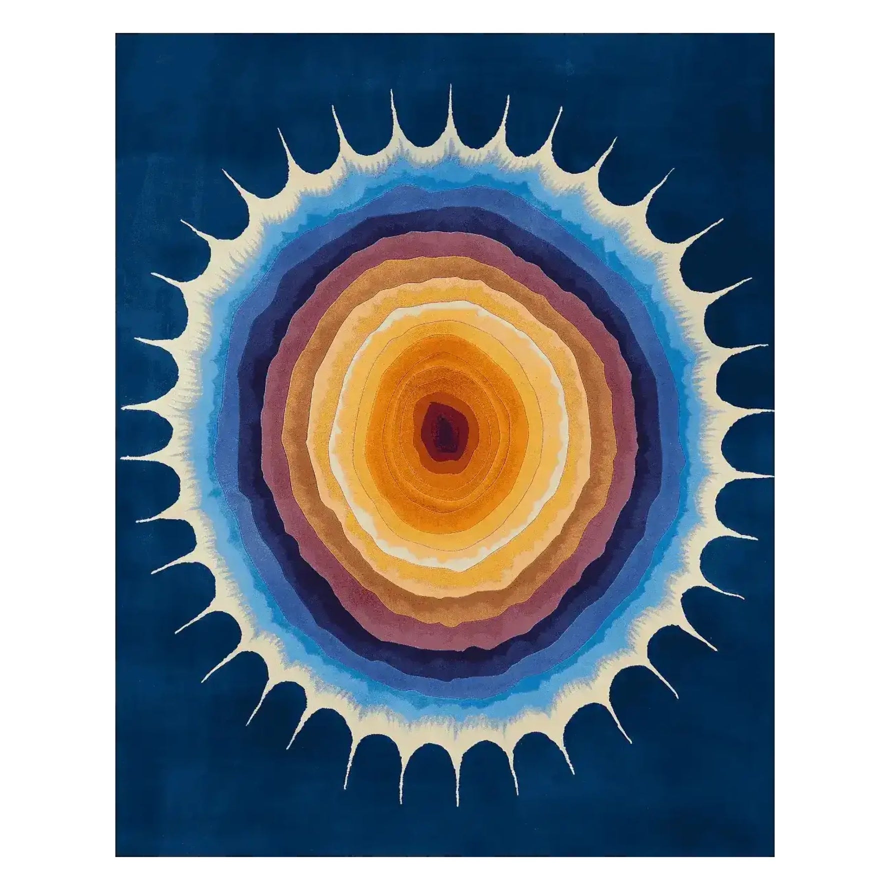 Top view of the Solar Flare Bloom Hand Tufted Area Rug, showcasing its vibrant, abstract sunburst design in rich shades of blue, orange, and yellow, perfect as a contemporary wool rug for living rooms. Ideal for those seeking 8x10 area rugs for living room decor.