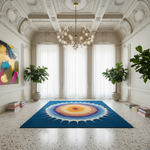 Colorful blue abstract rug on a marble floor with decorative ceiling and walls.