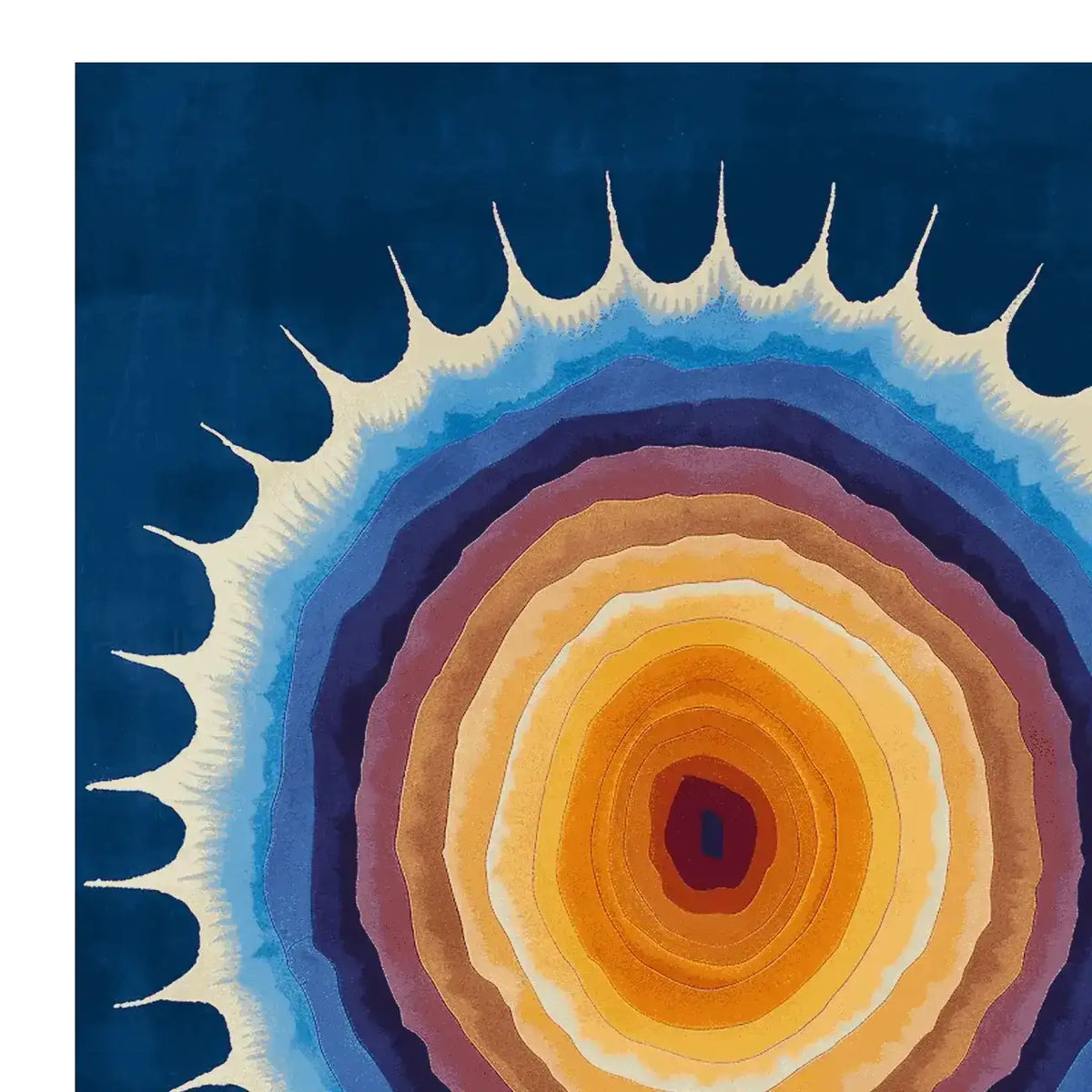 This vibrant area rug showcases a stunning abstract design reminiscent of solar flares, with rich layers of orange, blue, and purple hues radiating from the center. Perfect for contemporary spaces, this wool rug adds a bold statement to any living room. Ideal for an 8x10 setting, this piece highlights the art of hand tufting, making it a standout among area rugs for living rooms.