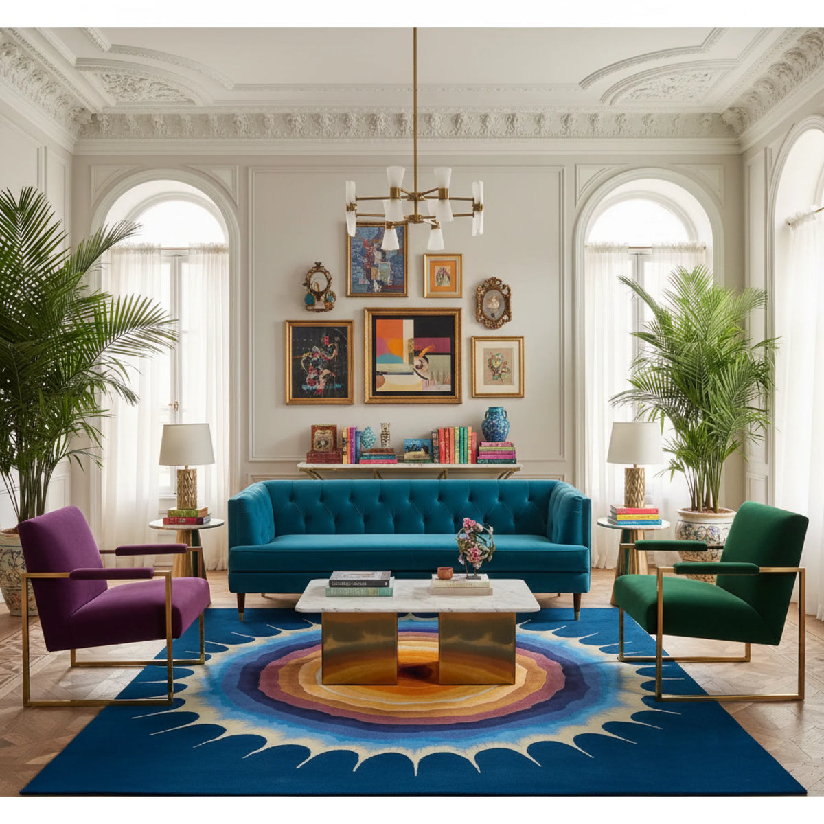 Modern living room with a blue sofa, colorful blue contemporary wool rug, and decorative elements.