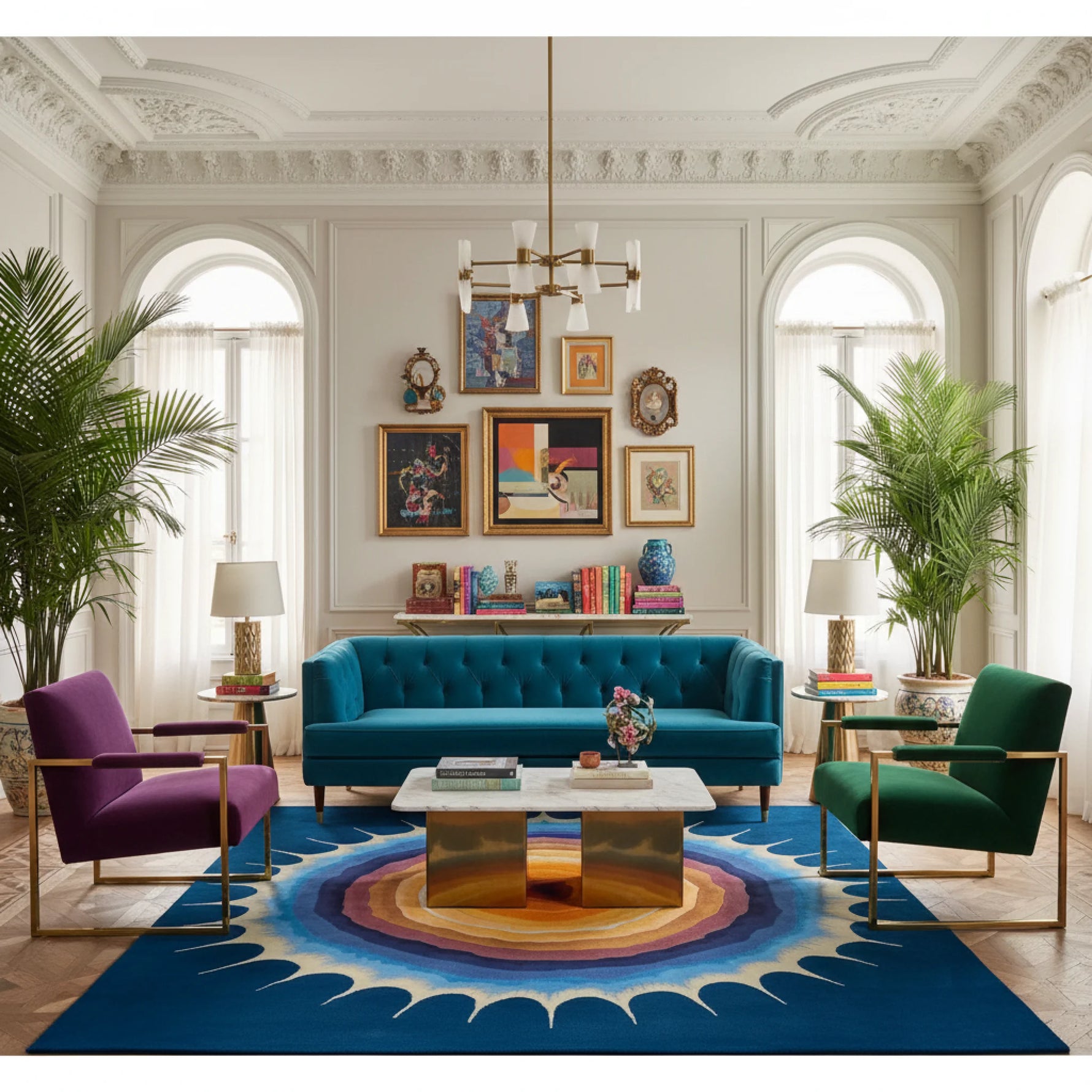 Modern living room with a blue sofa, colorful blue contemporary wool rug, and decorative elements.