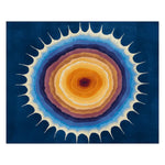 A vibrant Solar Flare Bloom Hand Tufted Area Rug, perfect for adding a contemporary touch to your living space. This wool rug features a stunning circular design with layers of blue, orange, and cream hues, ideal for living room rugs 8x10 or area rugs for living room settings.