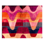 Top view of the Solar Flow Hand Tufted Area Rug, showcasing a vibrant abstract wave pattern in rich shades of pink, orange, and deep blue. This contemporary wool rug adds a bold splash of color to living room area rugs, perfect for modern interiors.