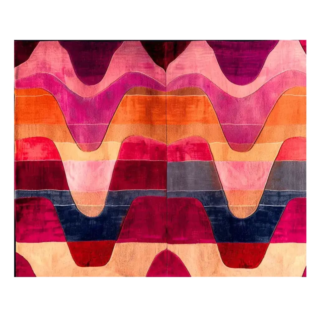 Top view of the Solar Flow Hand Tufted Area Rug, showcasing a vibrant abstract wave pattern in rich shades of pink, orange, and deep blue. This contemporary wool rug adds a bold splash of color to living room area rugs, perfect for modern interiors.