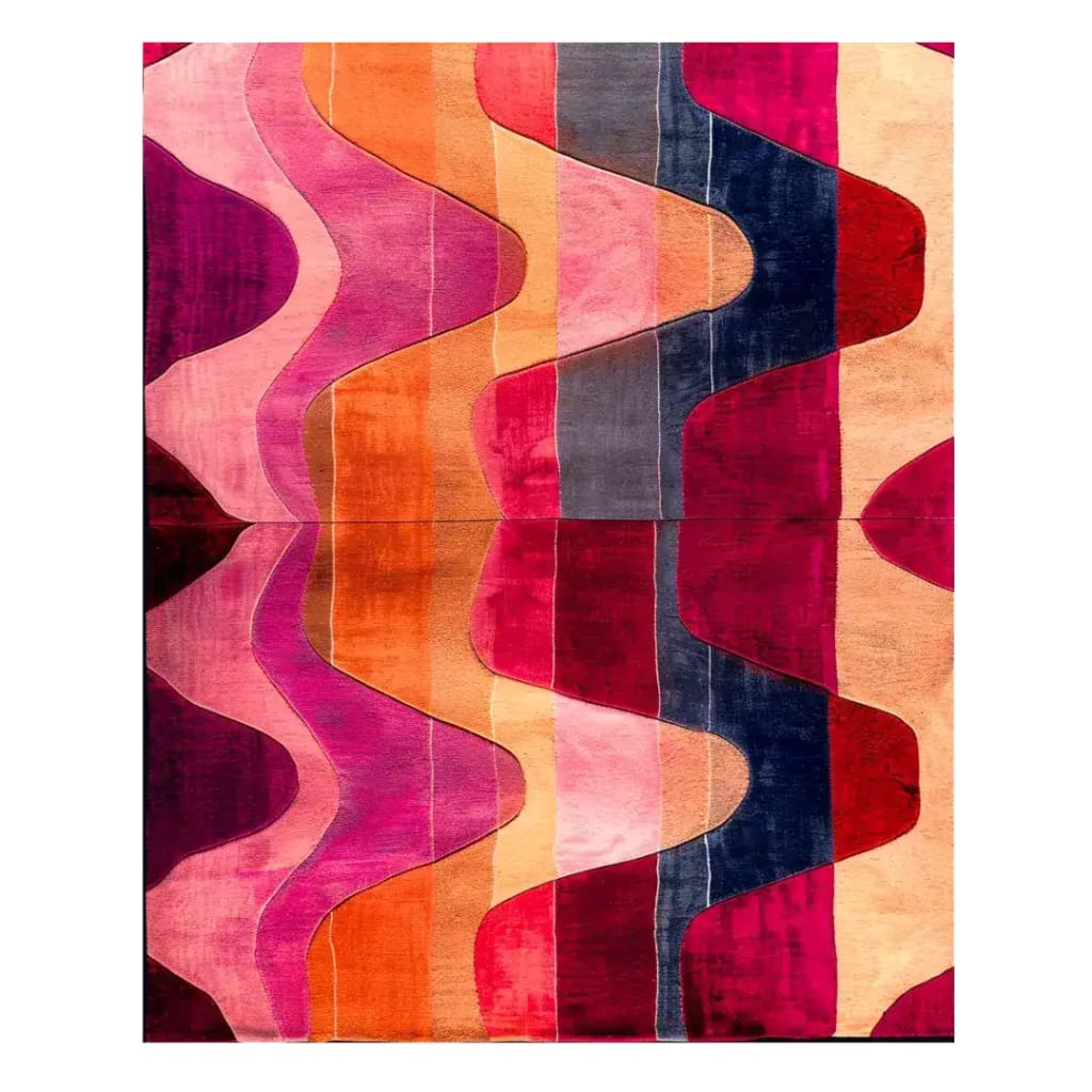 Vibrant Solar Flow Hand Tufted Area Rug featuring modern, wavy patterns in shades of pink, orange, and red. This contemporary wool rug is perfect for adding a stylish touch to living room area rugs.