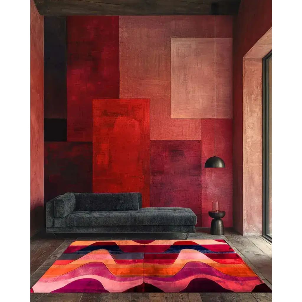 A vibrant Solar Flow Hand Tufted Area Rug in a contemporary living room, showcasing an abstract wave pattern in bold colors. This wool rug adds a dynamic touch to the space, perfect for enhancing modern living room decor with its artistic flair.