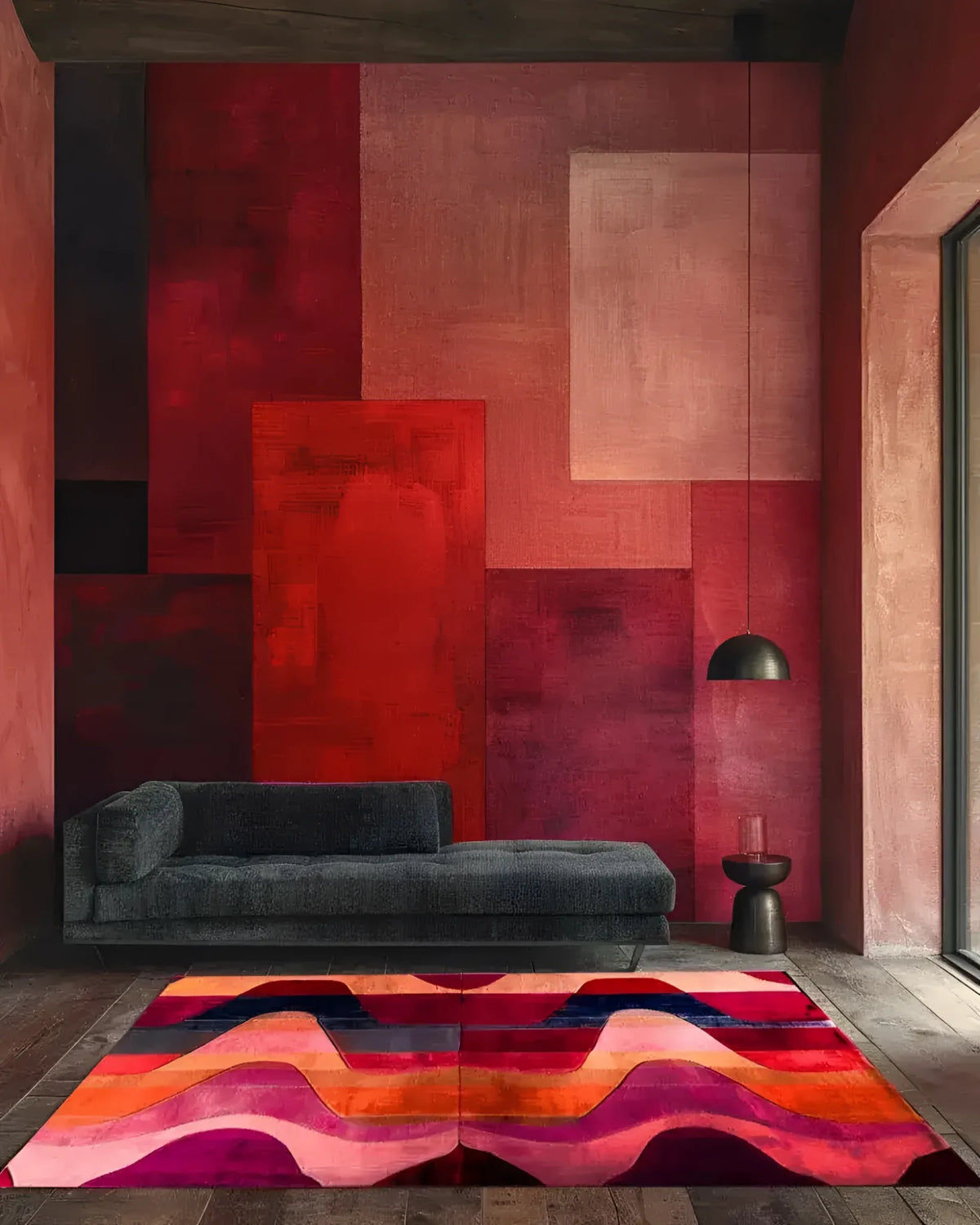 A vibrant Solar Flow Hand Tufted Area Rug in a contemporary living room, showcasing an abstract wave pattern in bold colors. This wool rug adds a dynamic touch to the space, perfect for enhancing modern living room decor with its artistic flair.