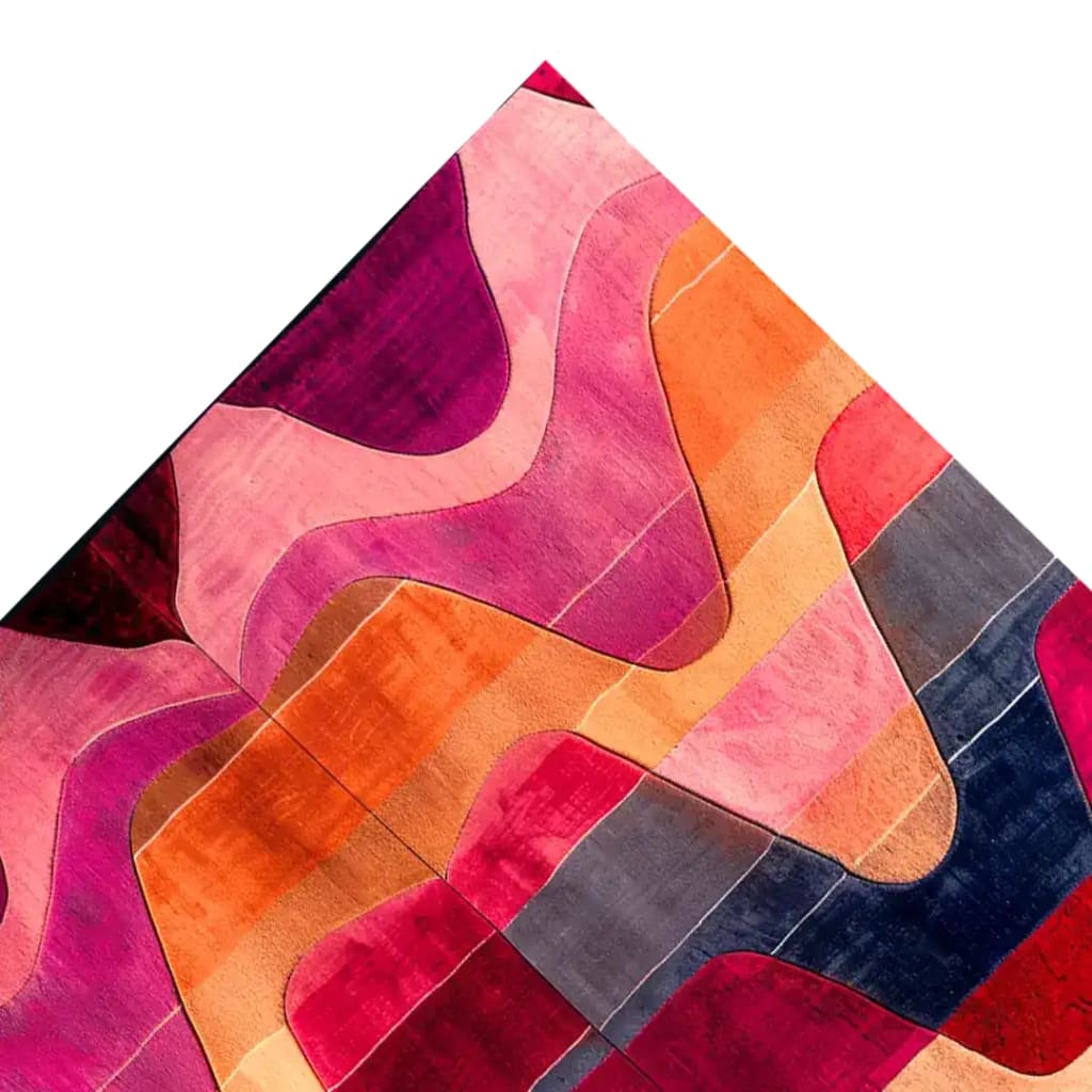 Vibrant Solar Flow Hand Tufted Area Rug with abstract design featuring bold waves of pink, orange, and purple hues. This contemporary wool rug is perfect for adding a splash of color to your living room area.