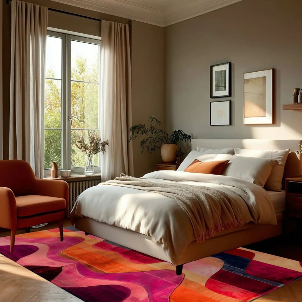 A vibrant Solar Flow Hand Tufted Rug in a modern bedroom, featuring a colorful abstract design. This wool rug adds a contemporary touch, perfect as a living room area rug or area rug for the living room.