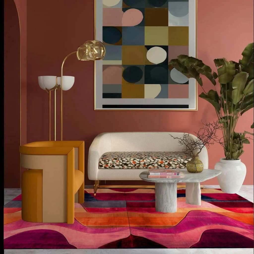 A vibrant and contemporary area rug in a living room setting. The Solar Flow Hand Tufted Rug features bold, swirling patterns in shades of pink, orange, and red, complementing the modern decor. Ideal for adding a splash of color, this wool rug serves as a stunning centerpiece among living room area rugs.