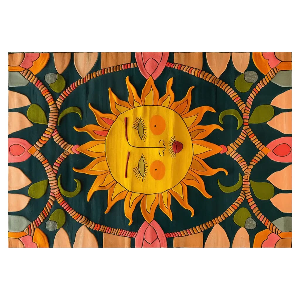 A vibrant Solar Folk Art Hand Tufted Wool Rug featuring a lively sun motif with a face, surrounded by colorful abstract patterns. This contemporary wool rug makes an ideal addition to living room area rugs, adding warmth and style to any space.