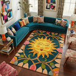 Living room with teal sectional sofa, colorful boo rug featuring a sun design, and decorative pillows.