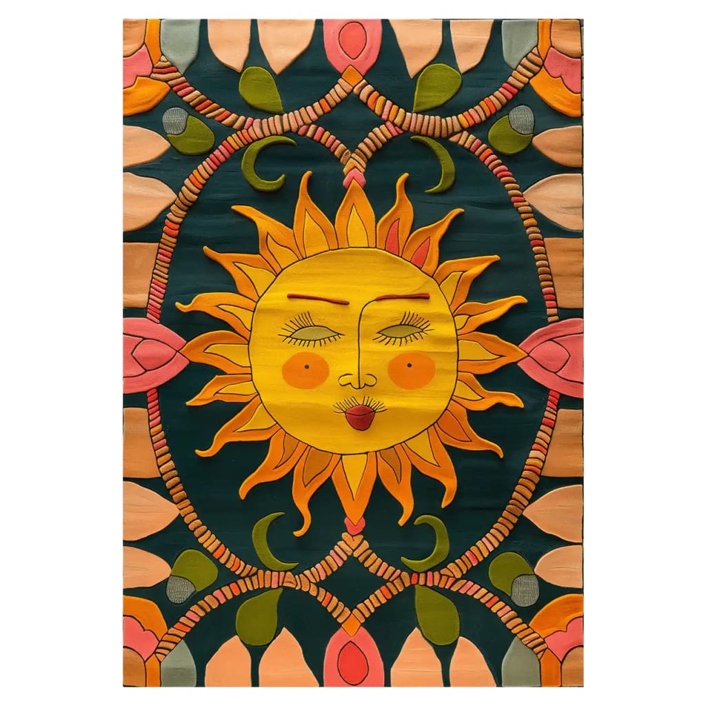 Vibrant Solar Folk Art Hand Tufted Wool Rug featuring a striking sun design with intricate patterns, ideal as a contemporary area rug. Perfect for adding a touch of warmth and charm to living room spaces. This wool rug serves as an eye-catching centerpiece among area rugs for living room decor.