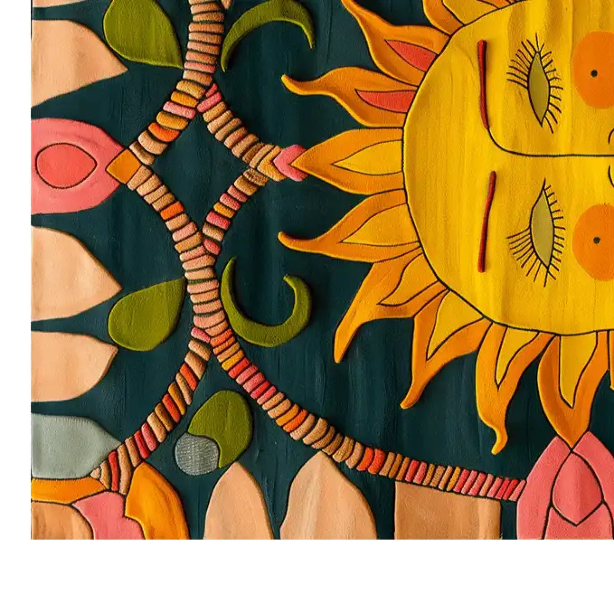 A vibrant area rug featuring a sun motif with bold colors and intricate patterns, perfect for a contemporary living room. This hand-tufted wool rug adds a touch of artistic flair to any space, ideal for those seeking unique area rugs for living room decor.