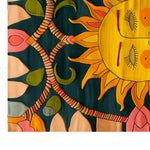 A vibrant area rug featuring a sun motif with bold colors and intricate patterns, perfect for a contemporary living room. This hand-tufted wool rug adds a touch of artistic flair to any space, ideal for those seeking unique area rugs for living room decor.