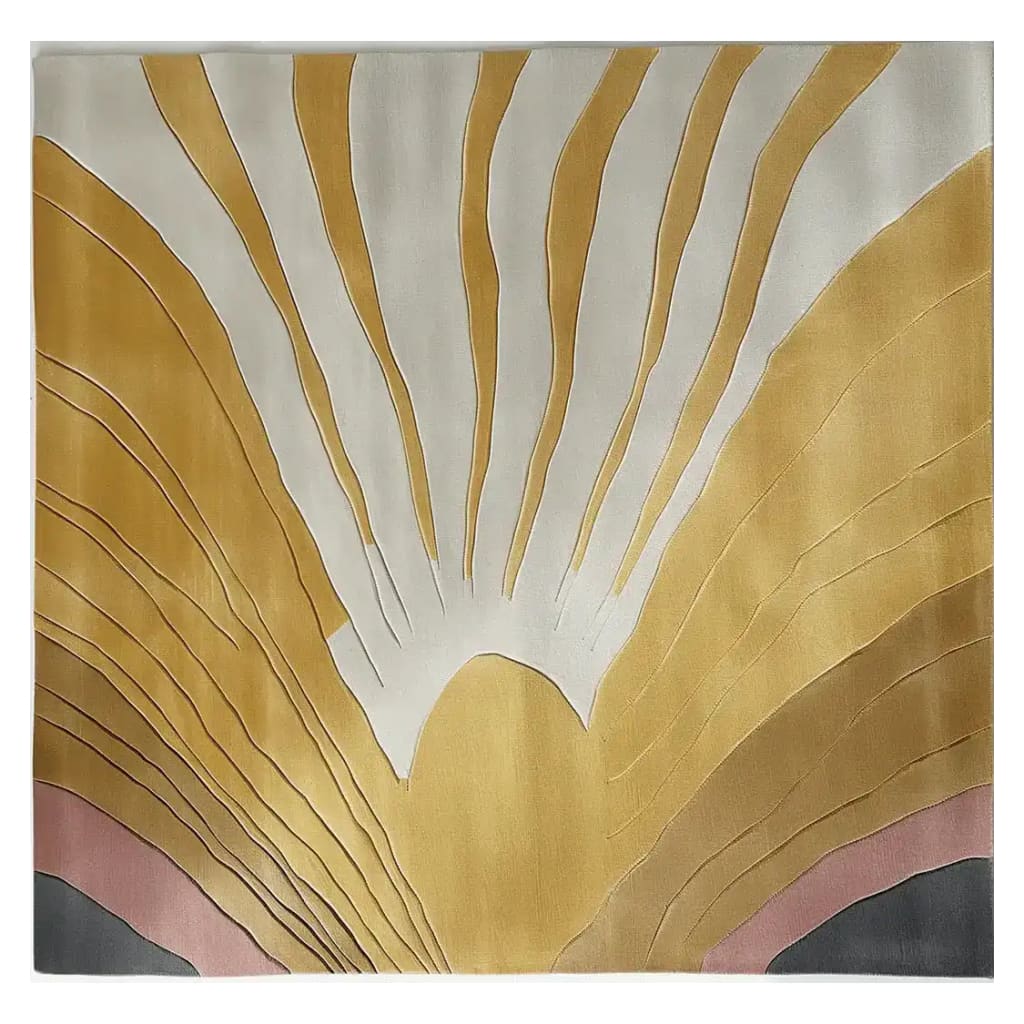 Top view of the Solar Radiance Hand Tufted Wool Rug, showcasing its abstract design in warm tones. This contemporary area rug is perfect for an 8x10 living room space, adding a touch of modern elegance with its high-quality wool composition.