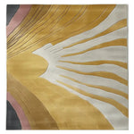 Top view of Solar Radiance Hand Tufted Wool Rug, a contemporary area rug with an abstract design in shades of gold, white, and pink. Perfect for living room spaces, this 8x10 wool rug adds a touch of modern elegance to any decor.