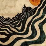 The Solar Symphony Hand Tufted Rug is a stunning contemporary piece, ideal for a stylish dining room or a large living room. This luxurious wool area rug features an abstract design with flowing black and beige waves, capturing the serene essence of a sunlit landscape. Perfect as a dining table rug or to enhance any living room decor.