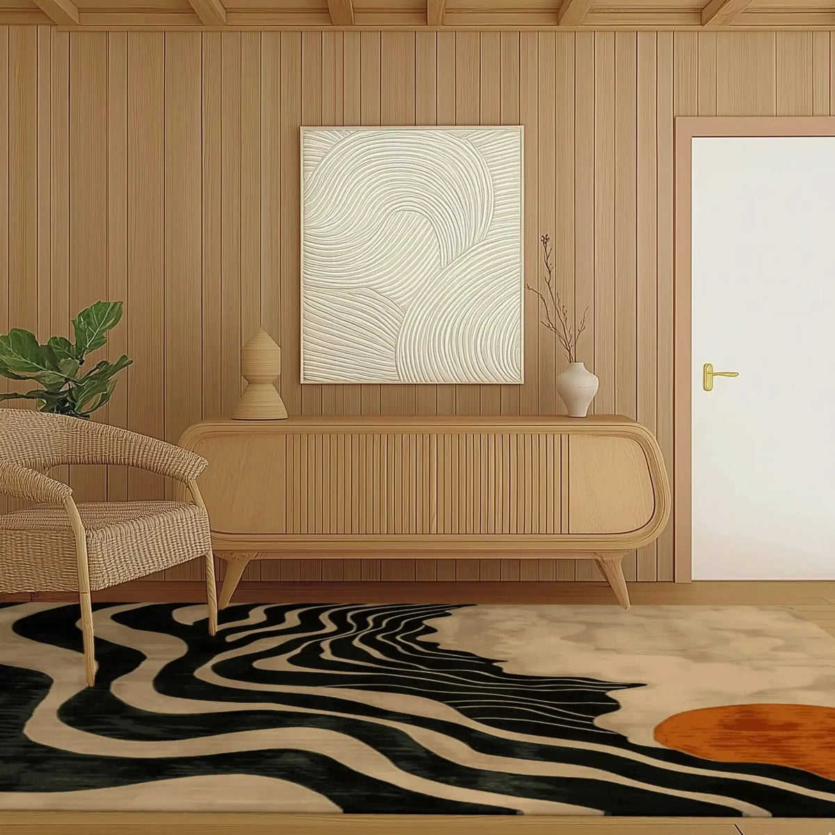 A contemporary wool area rug with abstract black and beige wave patterns, perfect for a large living room or dining room. The Solar Symphony Hand Tufted Rug adds a stylish touch under a dining table, complementing the neutral tones of the modern decor.