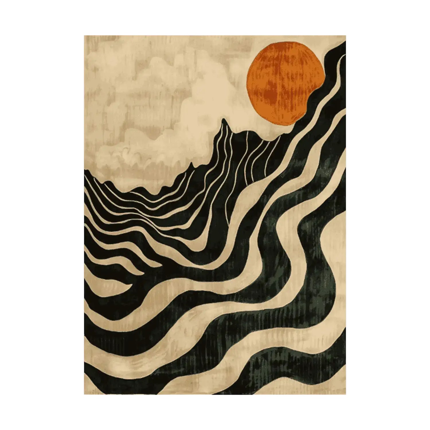 The Solar Symphony Hand Tufted Rug features an abstract design with bold, wavy black lines and a striking orange sun against a soft beige background. Perfect as a dining table rug or for a contemporary touch in a large living room, this wool area rug brings artistic flair to any space.