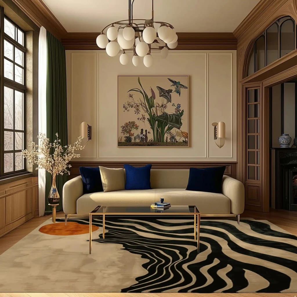 Elegant living room featuring the Solar Symphony Hand Tufted Rug, a contemporary wool area rug with striking black and white abstract patterns. Perfect as a dining table rug or for large living room spaces, this rug adds a modern touch to the decor, complemented by a cozy sofa and artistic wall decor.