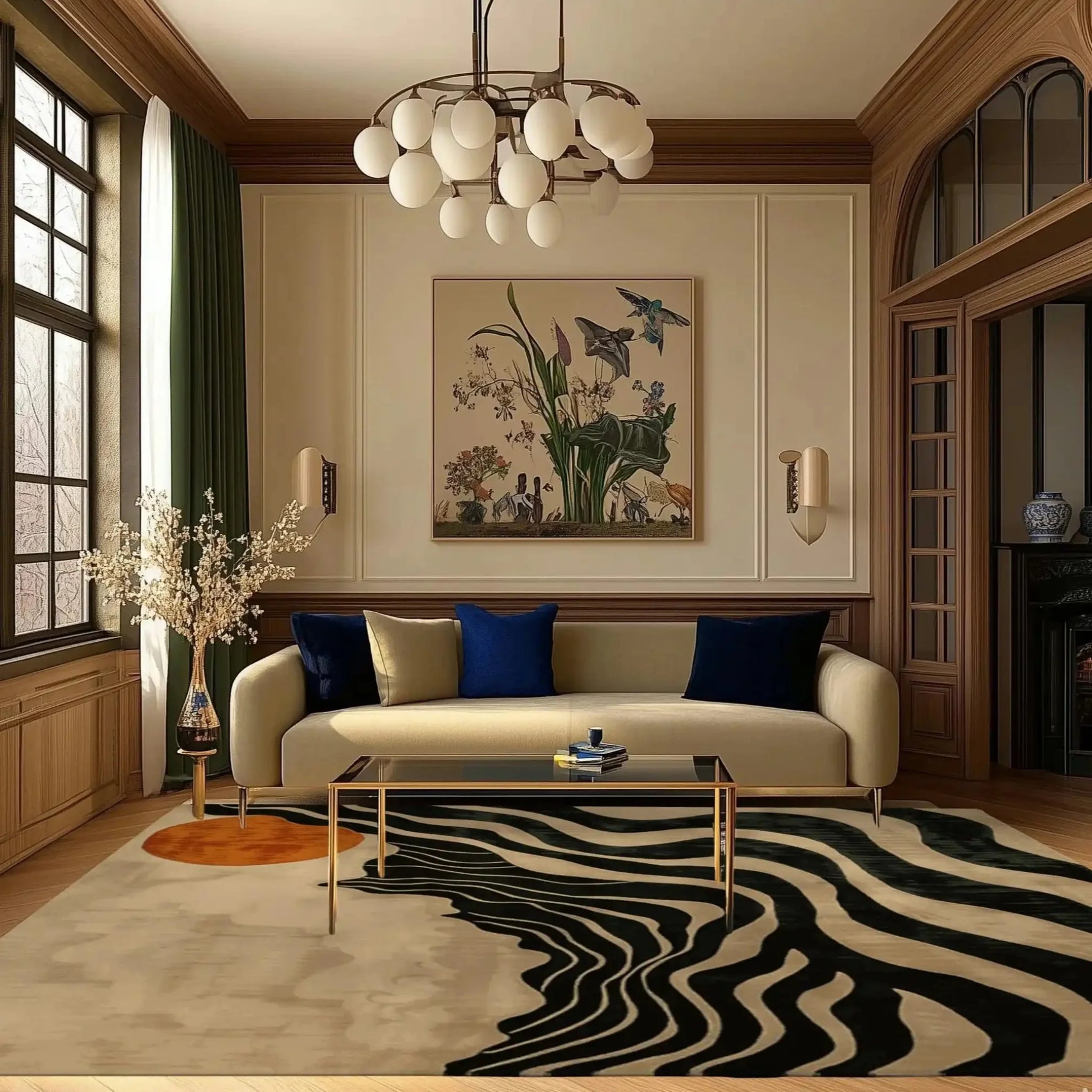 Elegant living room featuring the Solar Symphony Hand Tufted Rug, a contemporary wool area rug with striking black and white abstract patterns. Perfect as a dining table rug or for large living room spaces, this rug adds a modern touch to the decor, complemented by a cozy sofa and artistic wall decor.