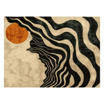 The Solar Symphony Hand Tufted Rug is a stunning contemporary area rug featuring bold, wavy black patterns against a beige background, accented with a vibrant orange circle. Ideal for a dining room or large living room, this wool rug adds a sophisticated touch to any space.