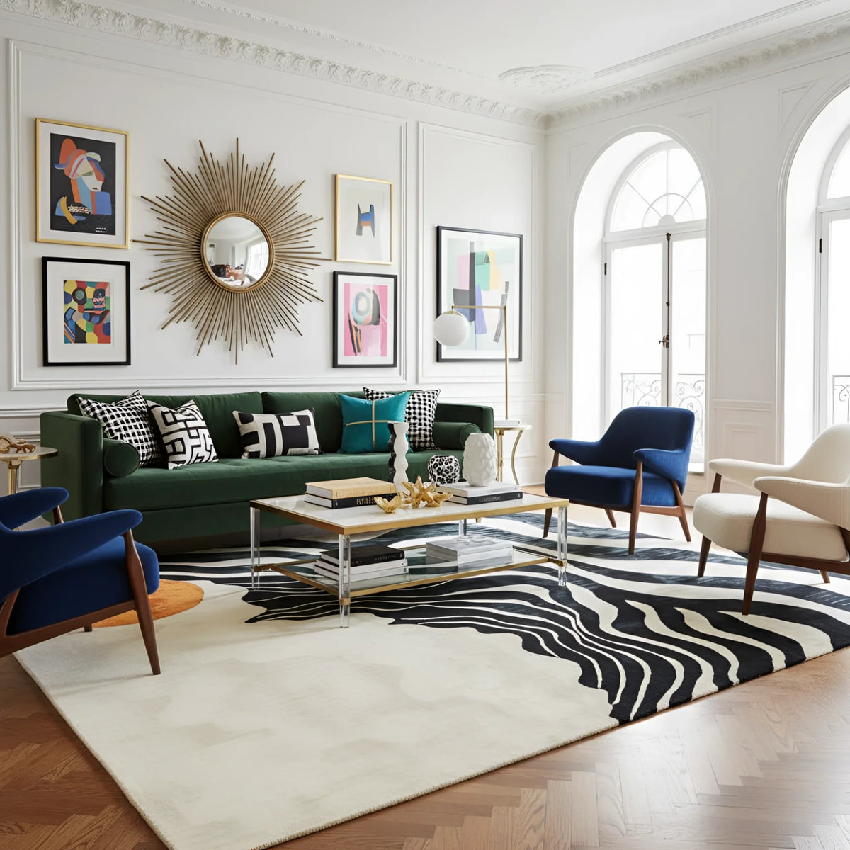 The Solar Symphony Hand Tufted Rug is a stunning contemporary area rug featuring bold, wavy black patterns against a beige background, accented with a vibrant orange circle. Ideal for a dining room or large living room, this wool rug adds a sophisticated touch to any space.