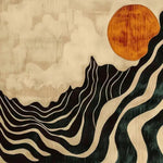 The Solar Symphony Hand Tufted Rug features an abstract design with flowing black and white lines against a beige background, complemented by a bold orange circle. This contemporary wool rug is perfect for adding a touch of art to your dining room or large living room. Ideal as a dining table rug or a statement area rug in your living room.