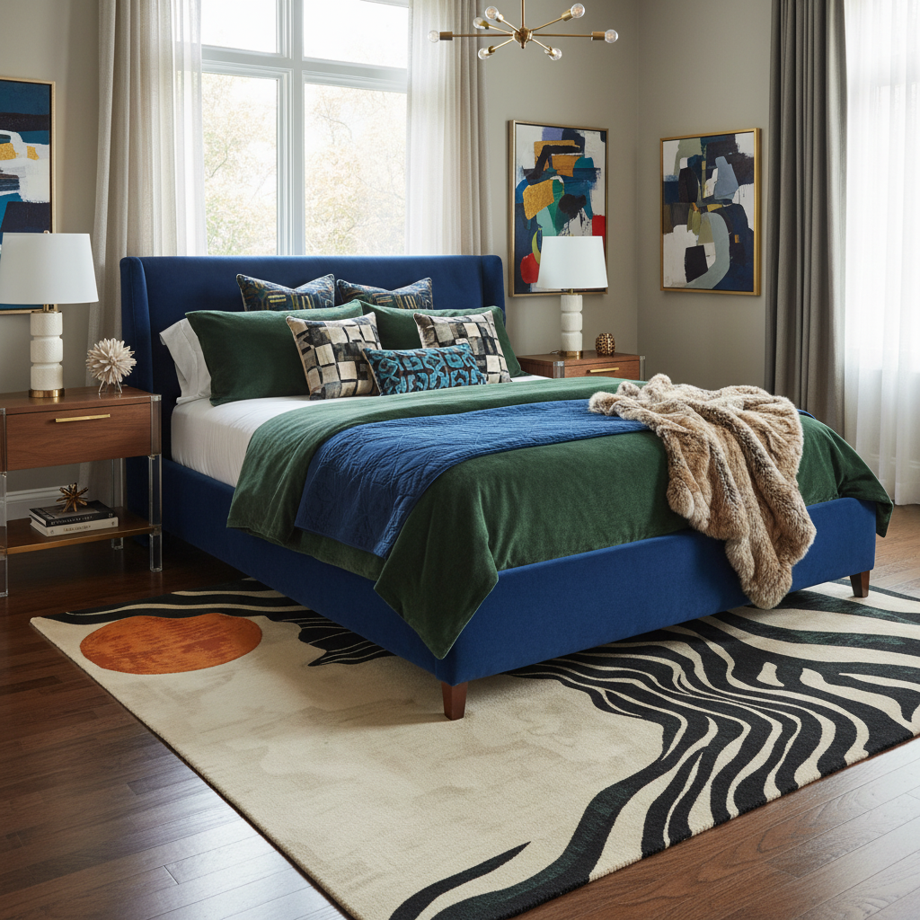 Modern bedroom with a blue bed, green and blue bedding, a contemporary black and beige wool rug, and abstract art on the walls.