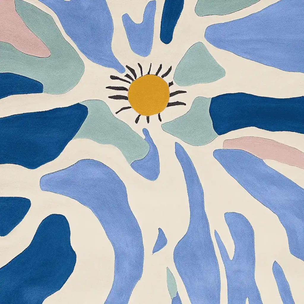 A vibrant area rug featuring an abstract design with flowing blue, teal, and pink shapes radiating from a central yellow sun. This contemporary wool rug is perfect for adding a splash of color to any living room.