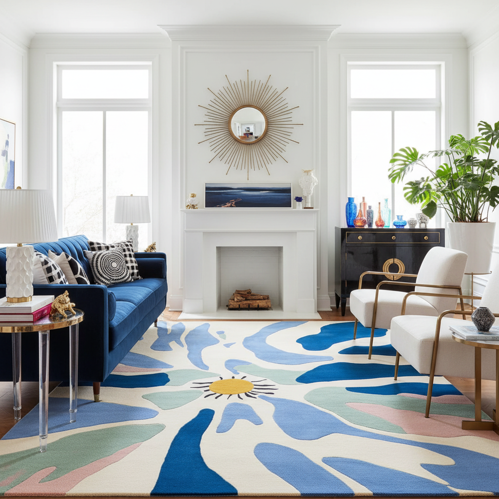 Living room with a colorful rug, blue sofa, and decorative mirror.