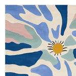 Top view of the Solar Wave Dance Hand Tufted Area Rug showcasing its contemporary design. This wool rug features a vibrant abstract pattern with blue, pink, and green waves radiating from a central yellow sun, making it an ideal choice for rugs in the living room.
