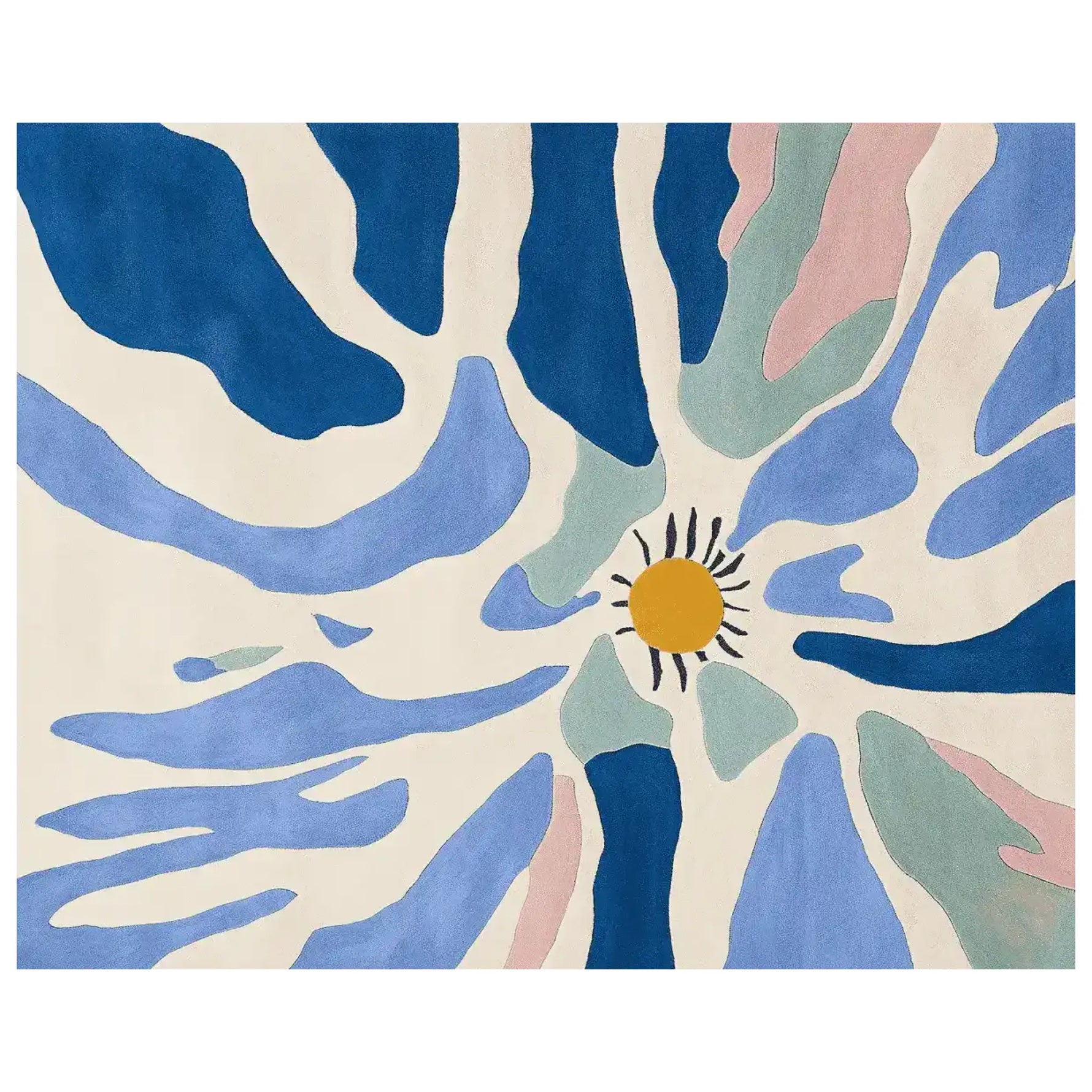 A vibrant area rug titled 'Solar Wave Dance Hand Tufted Rug' featuring abstract patterns with shades of blue, green, and pink, centered around a sun design. This contemporary wool rug is perfect for adding a modern touch to living room spaces.