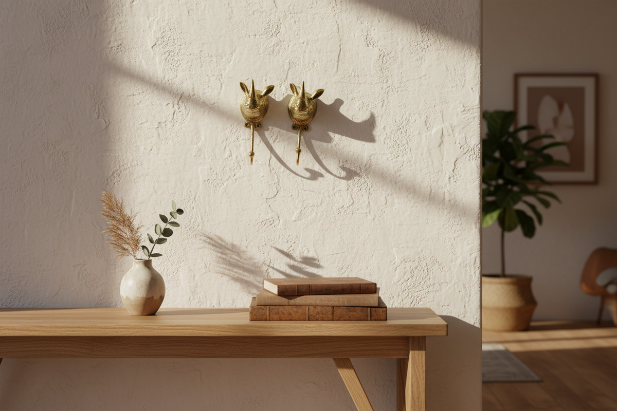 Solid brass rhino head wall hooks mounted above a wooden console with books and dried stems.