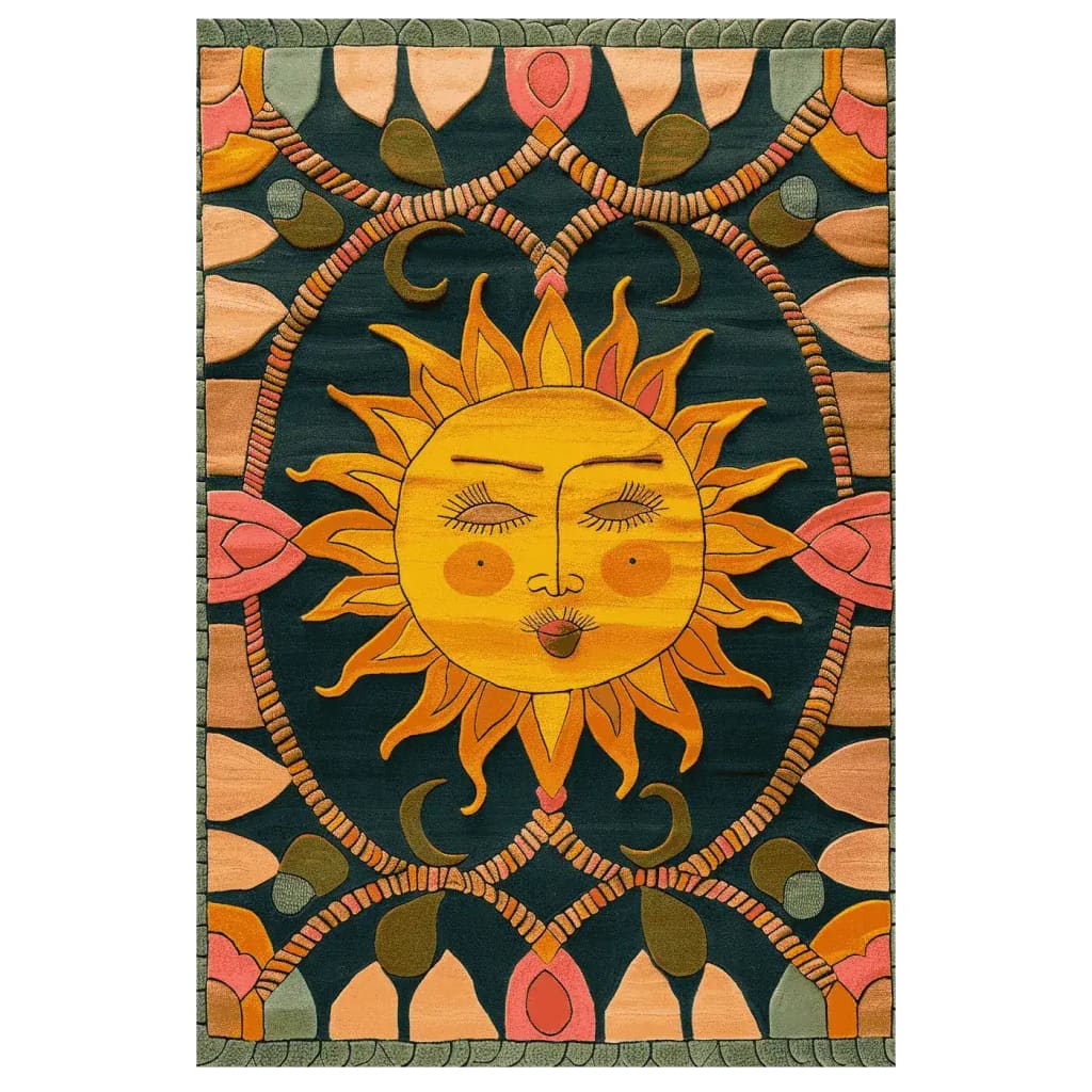 Vibrant hand-tufted area rug featuring an abstract sun design. This wool rug, ideal for living rooms, showcases bold colors with intricate patterns that add warmth and character to any space.