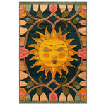Vibrant hand-tufted area rug featuring an abstract sun design. This wool rug, ideal for living rooms, showcases bold colors with intricate patterns that add warmth and character to any space.