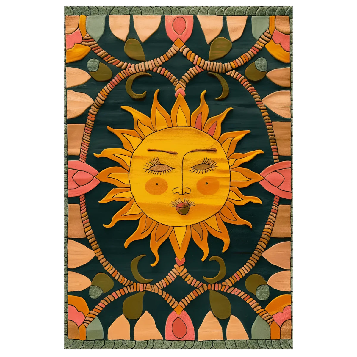 Vibrant hand-tufted area rug featuring an abstract sun design. This wool rug, ideal for living rooms, showcases bold colors with intricate patterns that add warmth and character to any space.