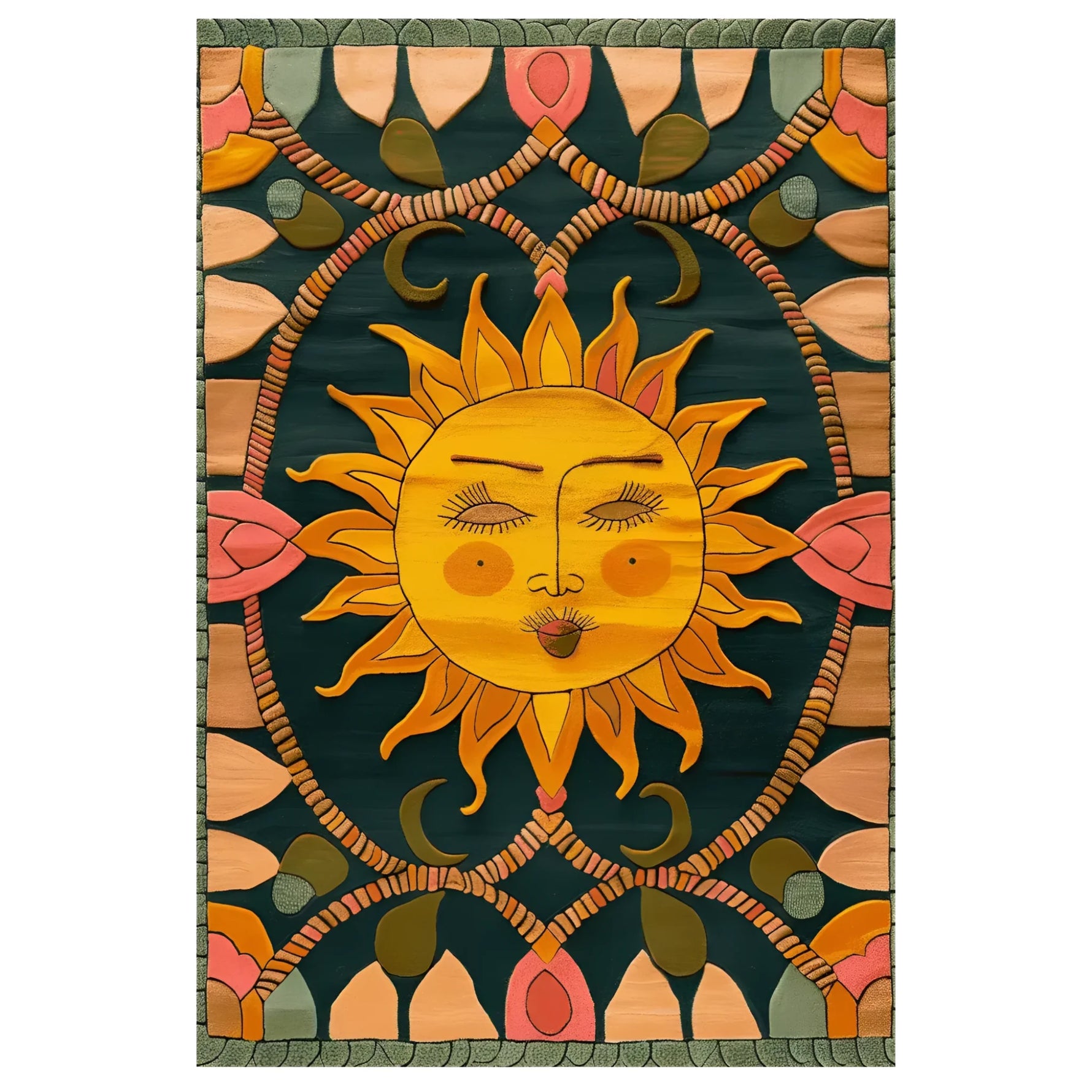 Vibrant hand-tufted area rug featuring an abstract sun design. This wool rug, ideal for living rooms, showcases bold colors with intricate patterns that add warmth and character to any space.